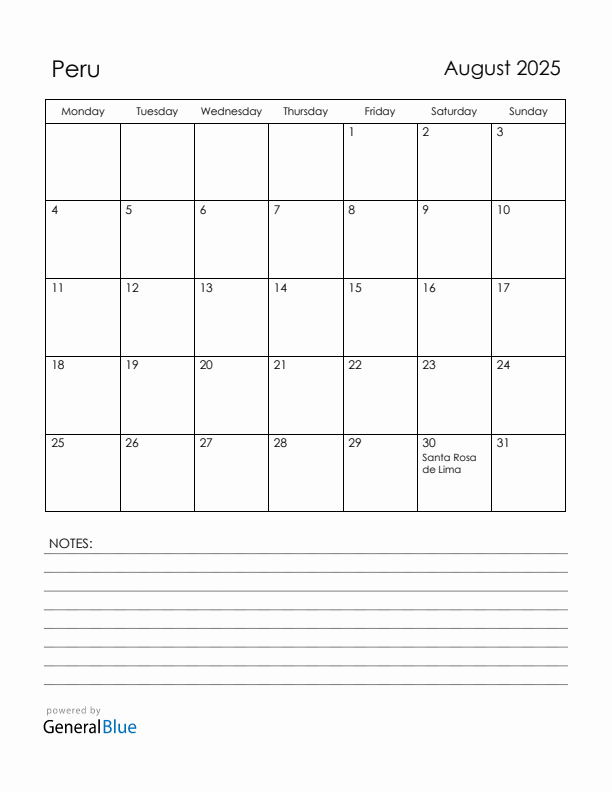 August 2025 Peru Calendar with Holidays (Monday Start)