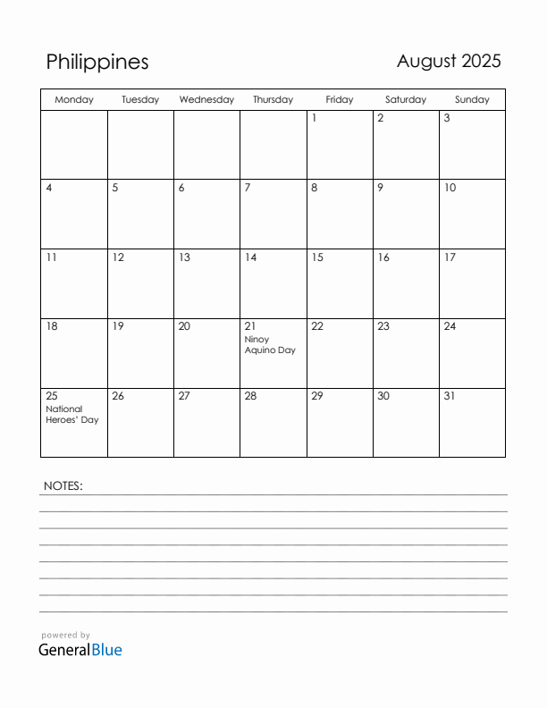 August 2025 Philippines Calendar with Holidays (Monday Start)