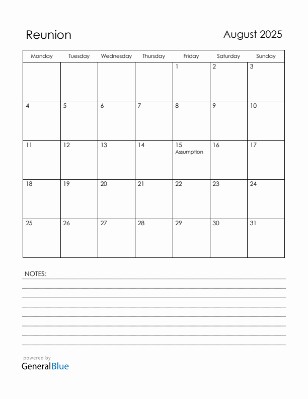 August 2025 Reunion Calendar with Holidays (Monday Start)