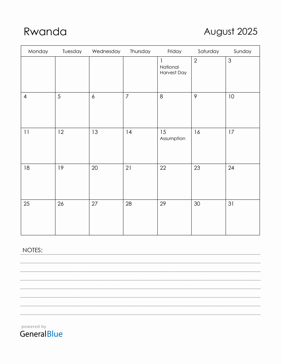 August 2025 Rwanda Calendar with Holidays