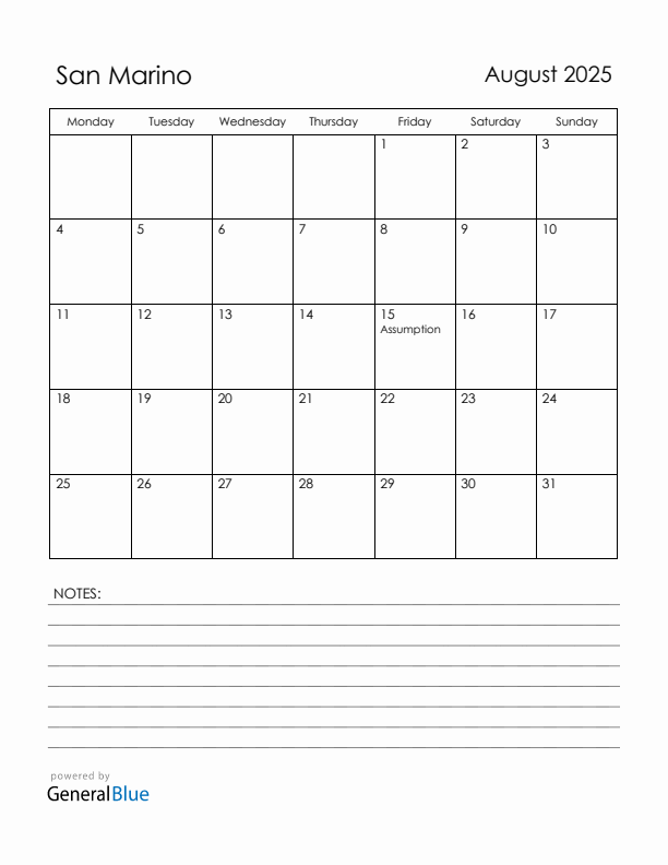 August 2025 San Marino Calendar with Holidays (Monday Start)