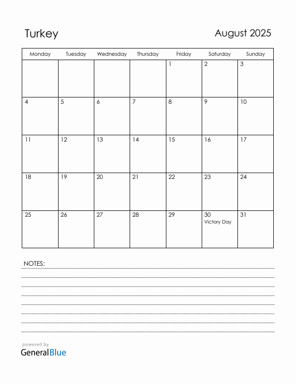 August 2025 Turkey Calendar with Holidays (Monday Start)