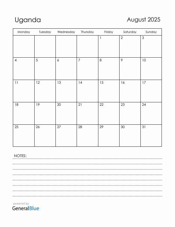 August 2025 Uganda Calendar with Holidays (Monday Start)