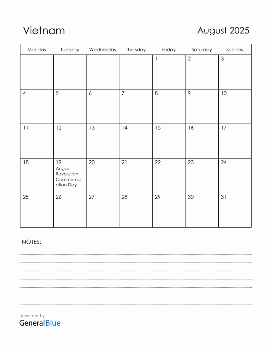 August 2025 Vietnam Calendar with Holidays