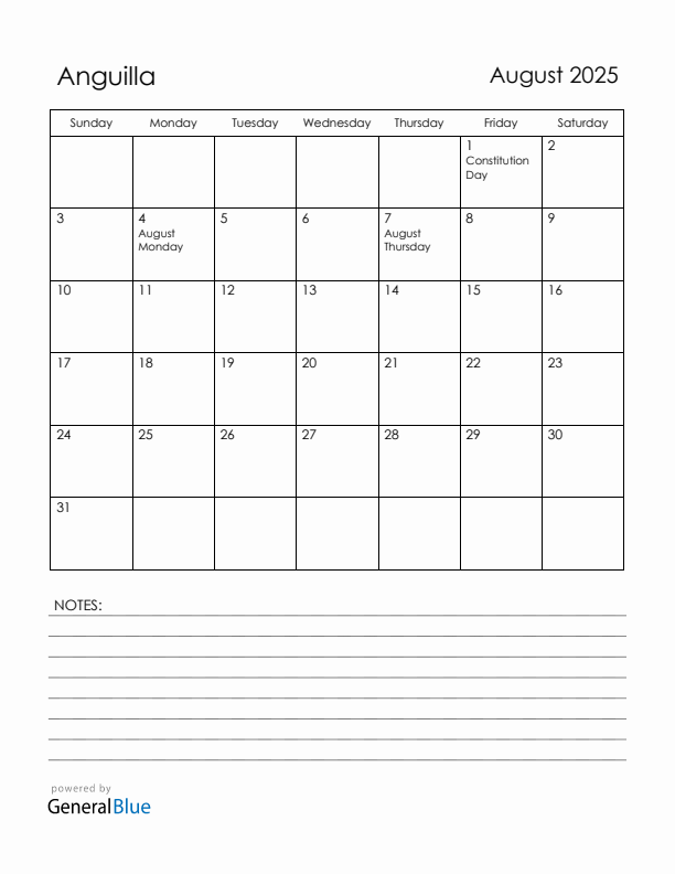August 2025 Anguilla Calendar with Holidays (Sunday Start)