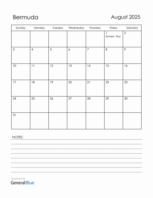 August 2025 Bermuda Calendar with Holidays (Sunday Start)