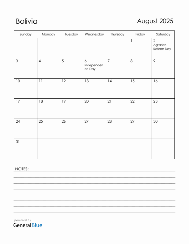 August 2025 Bolivia Calendar with Holidays (Sunday Start)