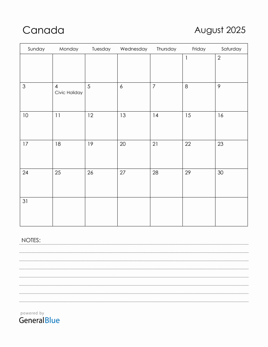 August 2025 Canada Calendar with Holidays