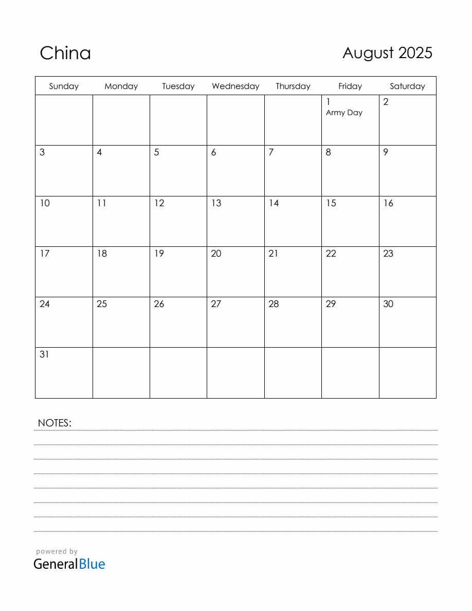 August 2025 China Calendar with Holidays