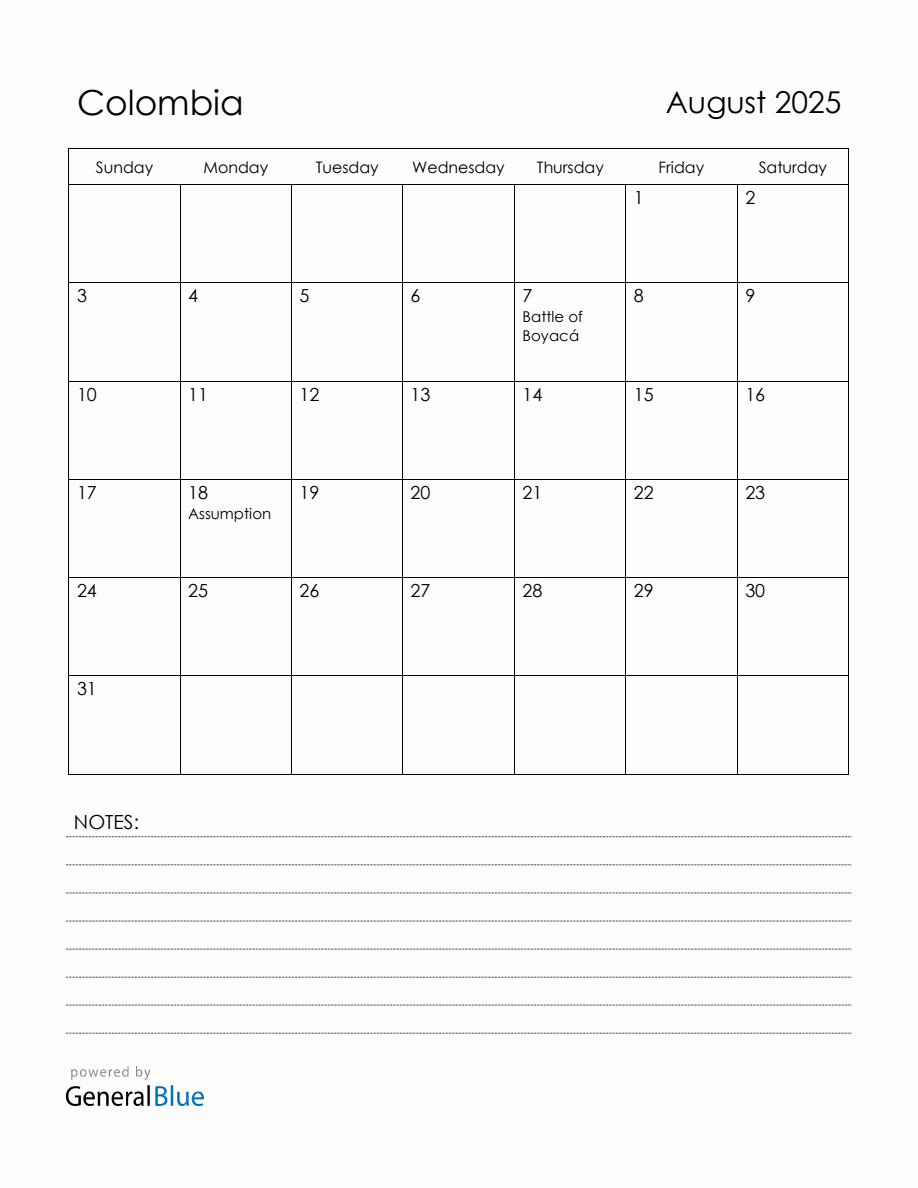August 2025 Colombia Calendar with Holidays