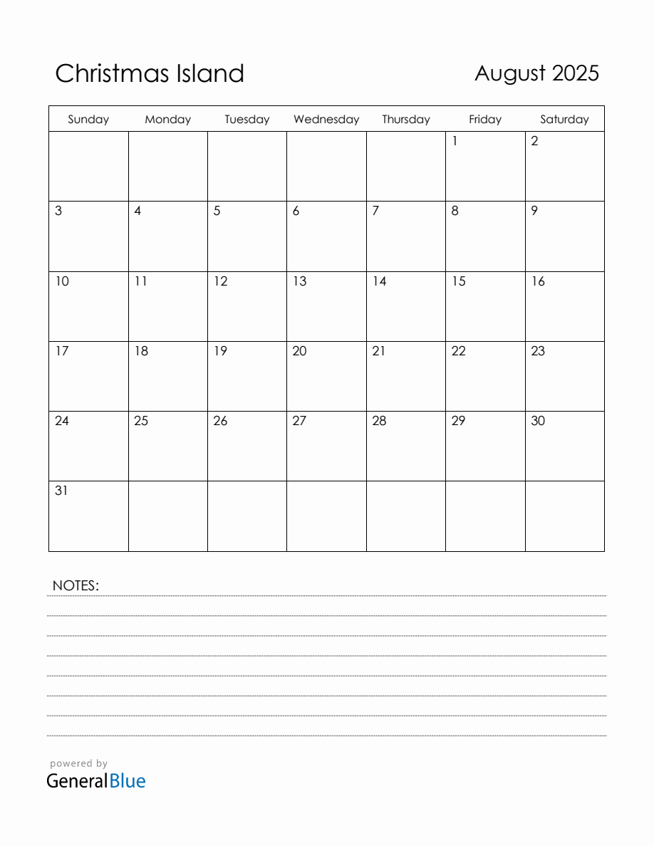 August 2025 Christmas Island Calendar with Holidays