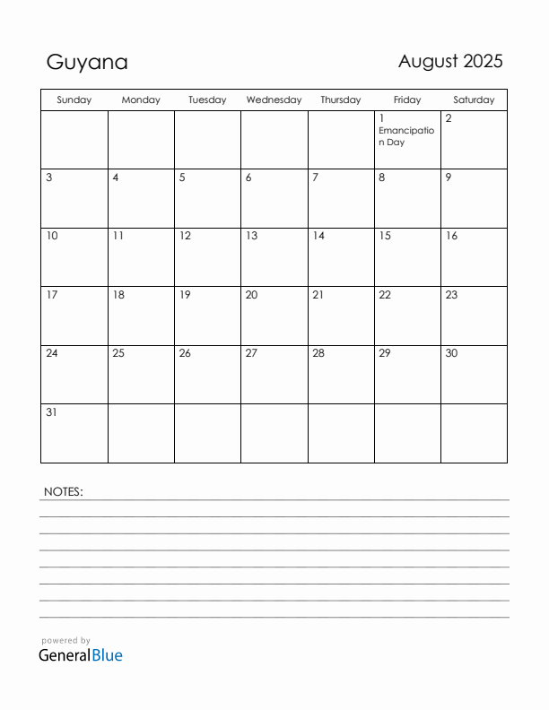 August 2025 Guyana Calendar with Holidays (Sunday Start)