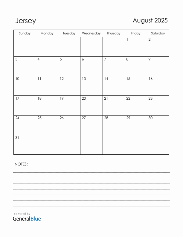August 2025 Jersey Calendar with Holidays (Sunday Start)