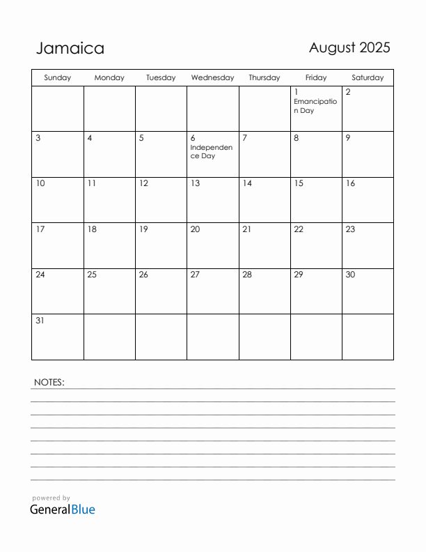August 2025 Jamaica Calendar with Holidays (Sunday Start)