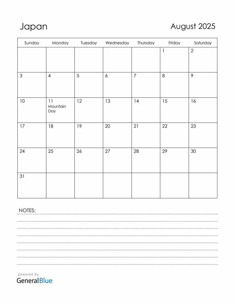 August 2025 Japan Calendar with Holidays