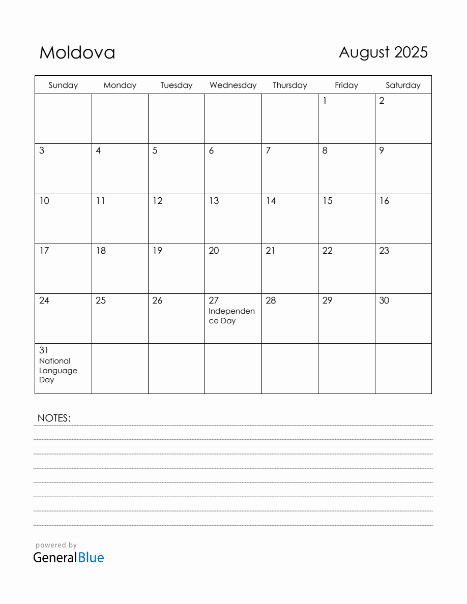 August 2025 Moldova Calendar with Holidays