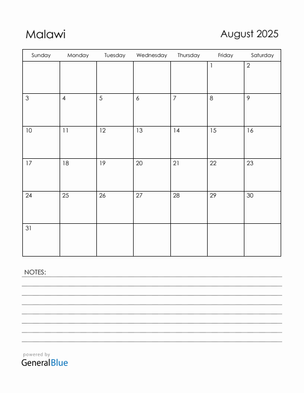 August 2025 Malawi Calendar with Holidays (Sunday Start)
