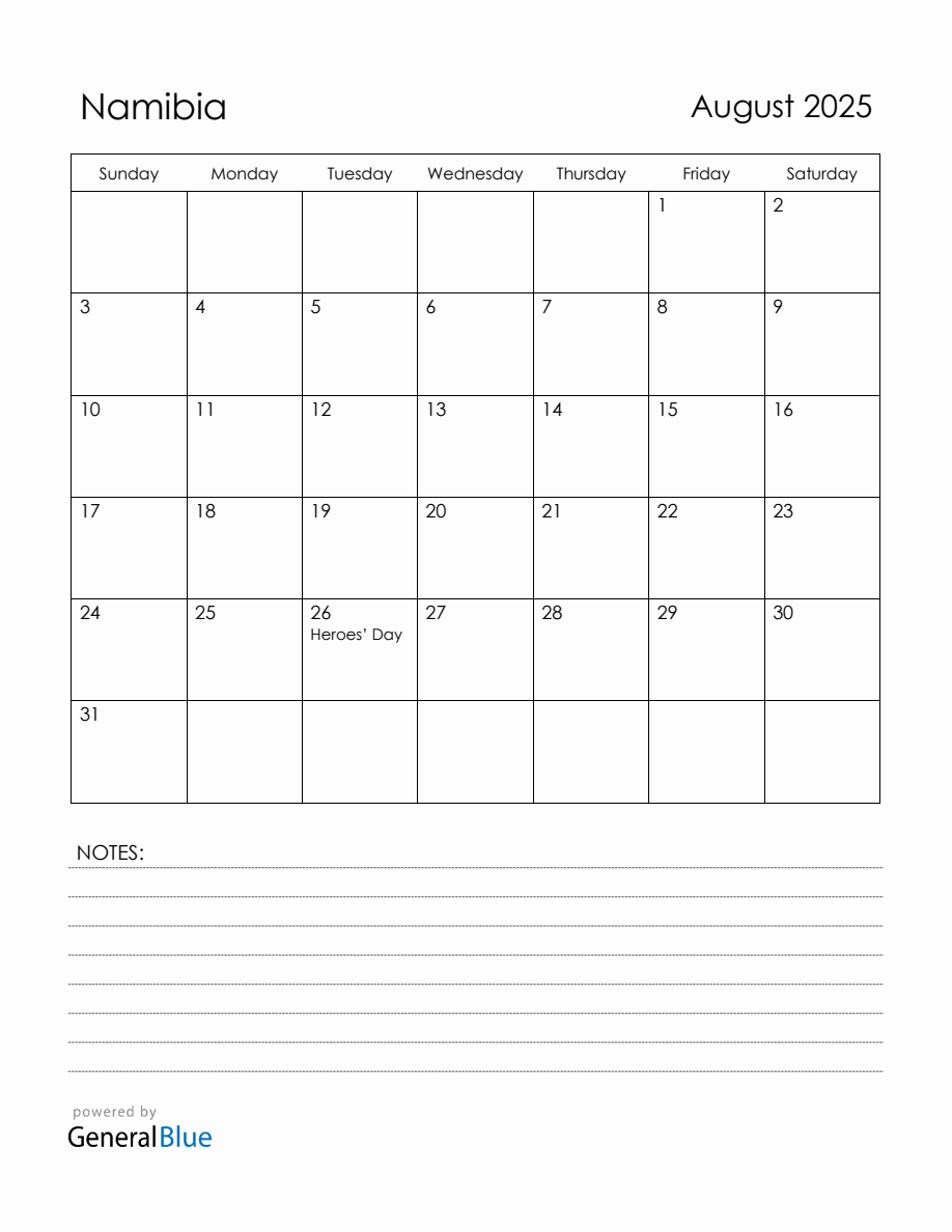 August 2025 Namibia Calendar with Holidays