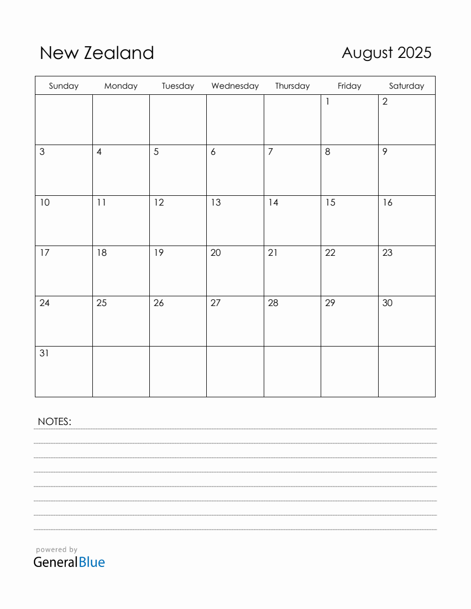 August 2025 New Zealand Calendar with Holidays