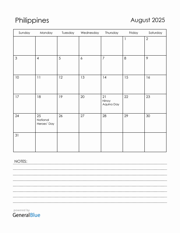 August 2025 Philippines Calendar with Holidays