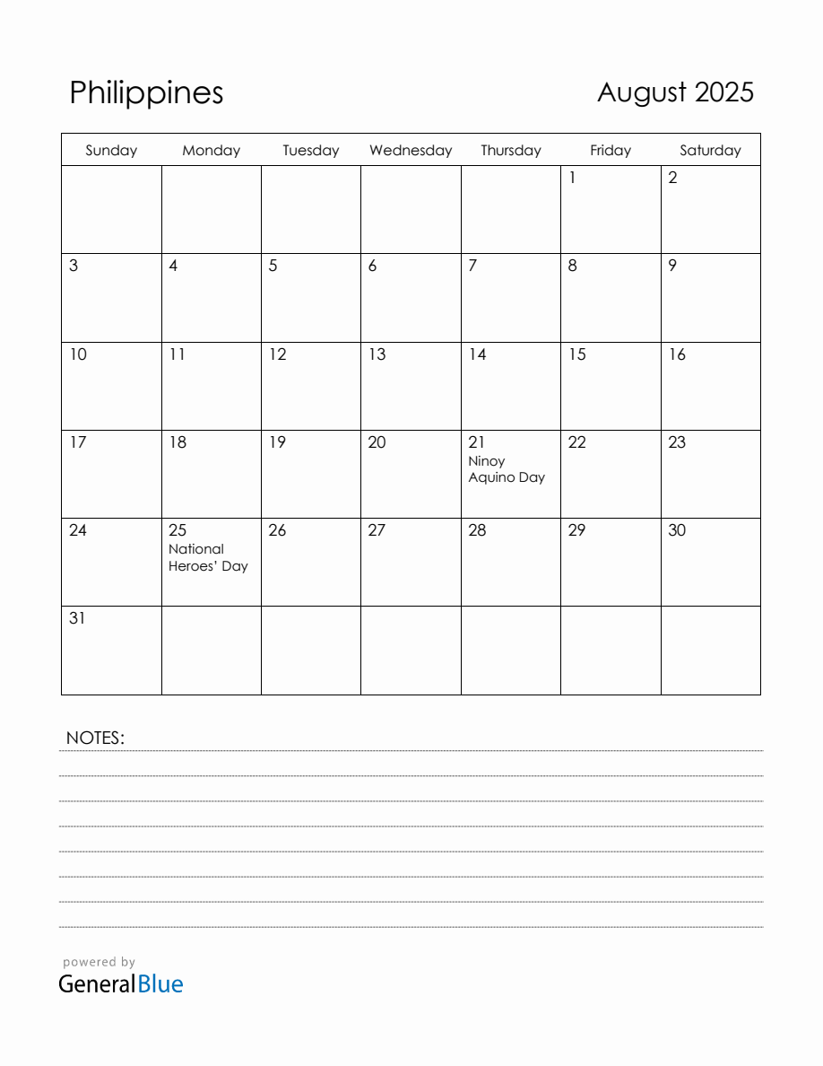 August 2025 Philippines Calendar with Holidays