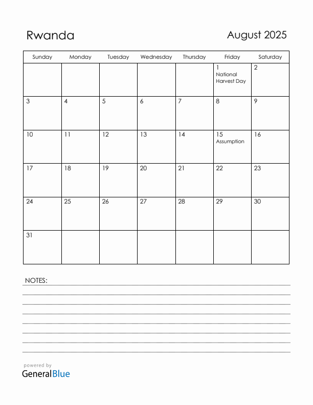 August 2025 Rwanda Calendar with Holidays (Sunday Start)