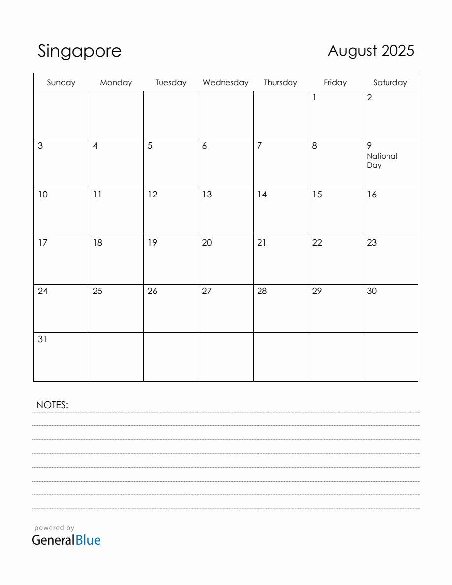 August 2025 Singapore Calendar with Holidays