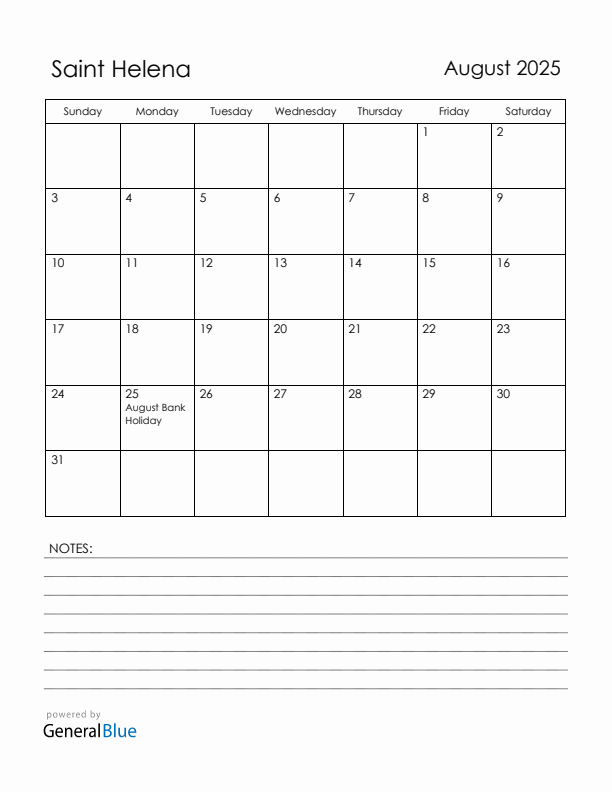 August 2025 Saint Helena Calendar with Holidays (Sunday Start)