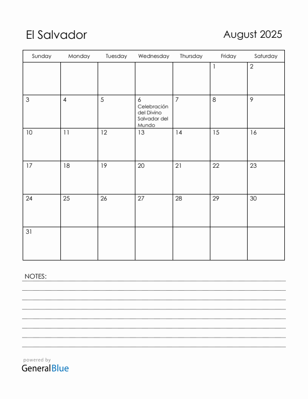 August 2025 El Salvador Calendar with Holidays (Sunday Start)