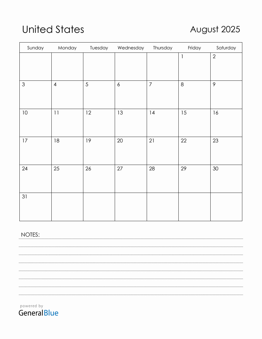 August 2025 United States Calendar with Holidays