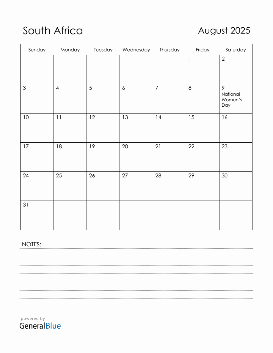 August 2025 South Africa Calendar with Holidays