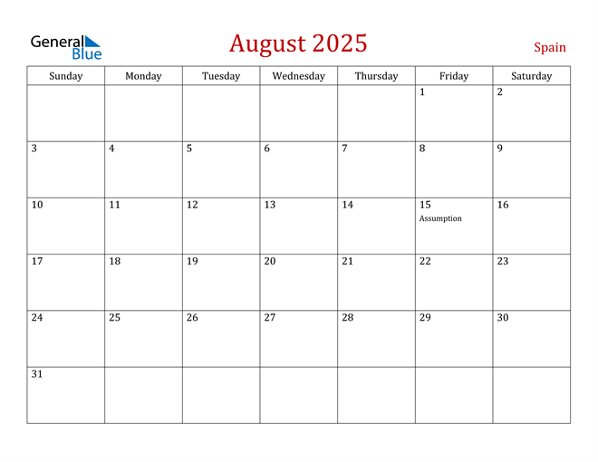 August 2025 Calendar with Spain Holidays