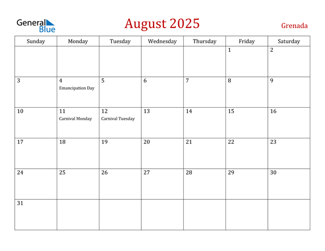 Grenada August 2025 Calendar