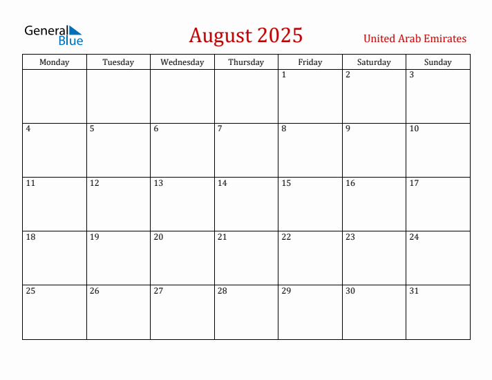 United Arab Emirates August 2025 Calendar - Monday Start