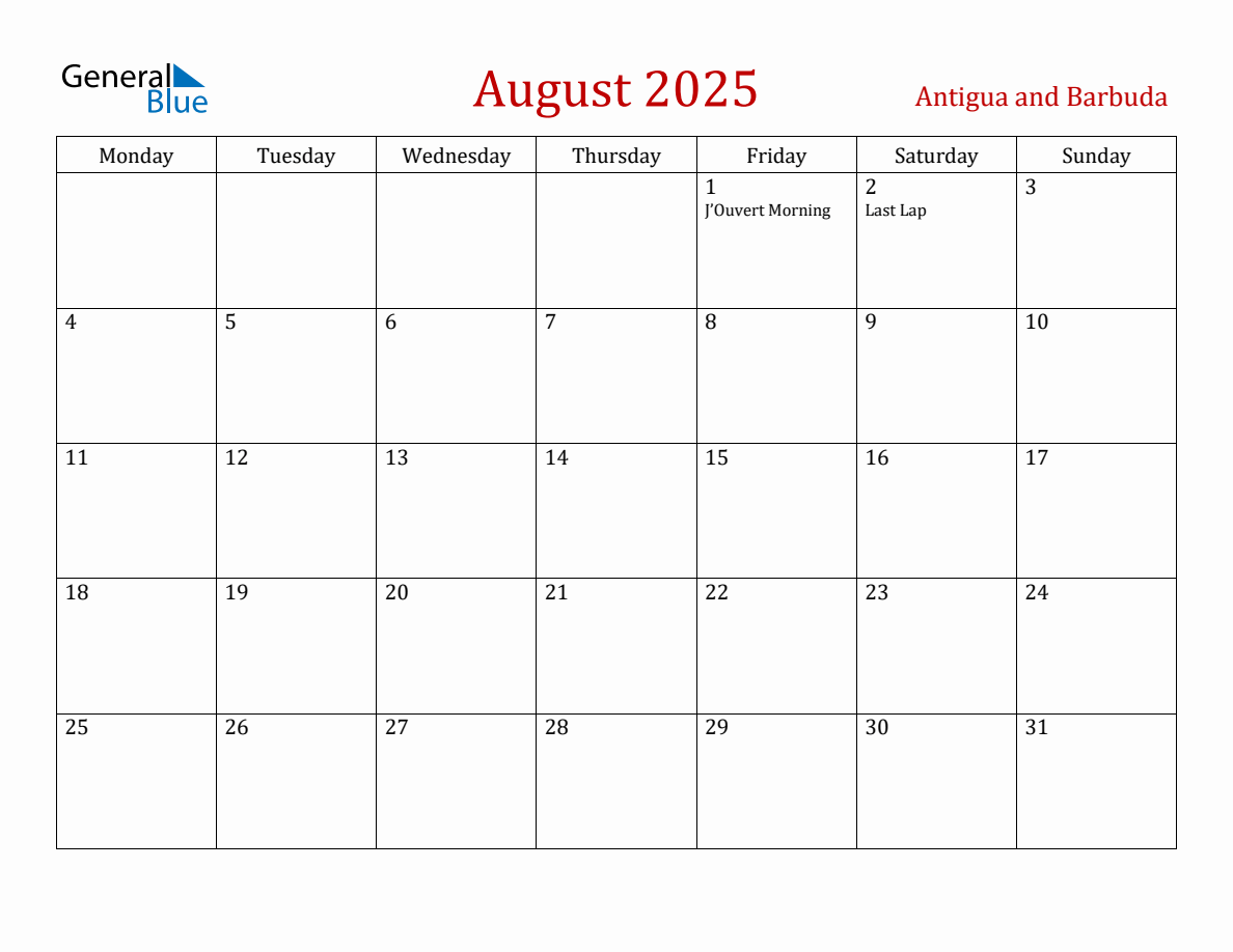 August 2025 Antigua and Barbuda Monthly Calendar with Holidays