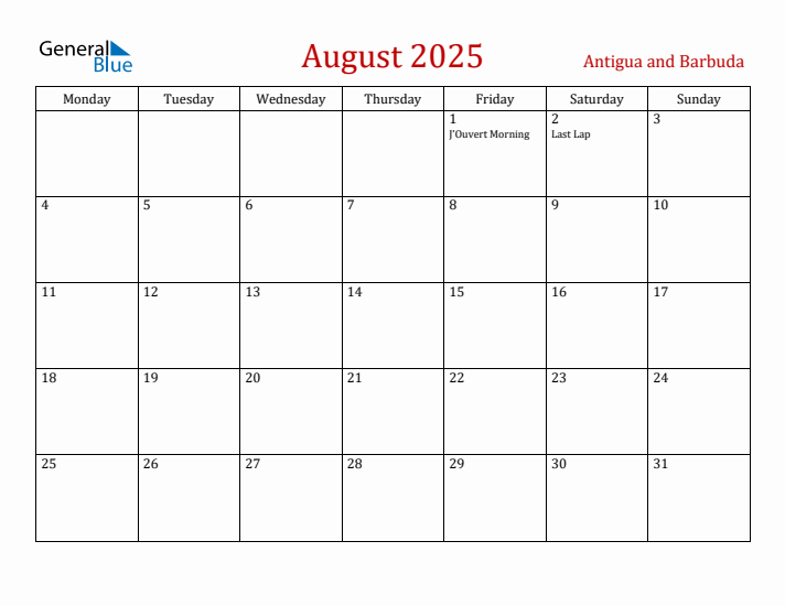 Antigua and Barbuda August 2025 Calendar - Monday Start