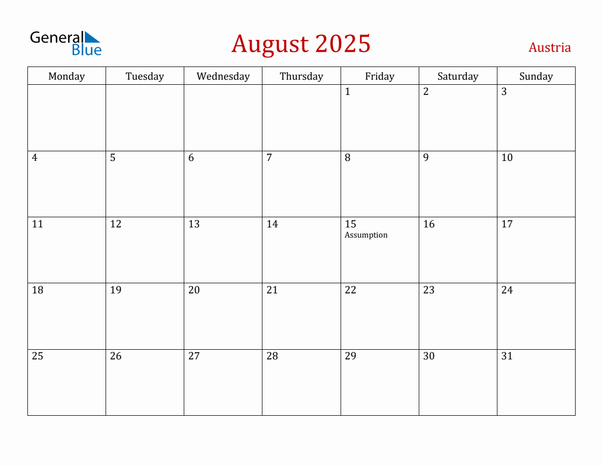 August 2025 Austria Monthly Calendar with Holidays