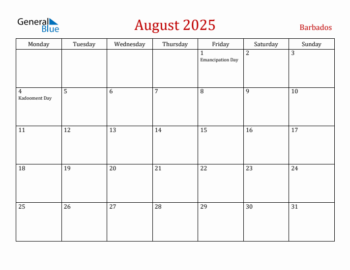 Barbados August 2025 Calendar - Monday Start