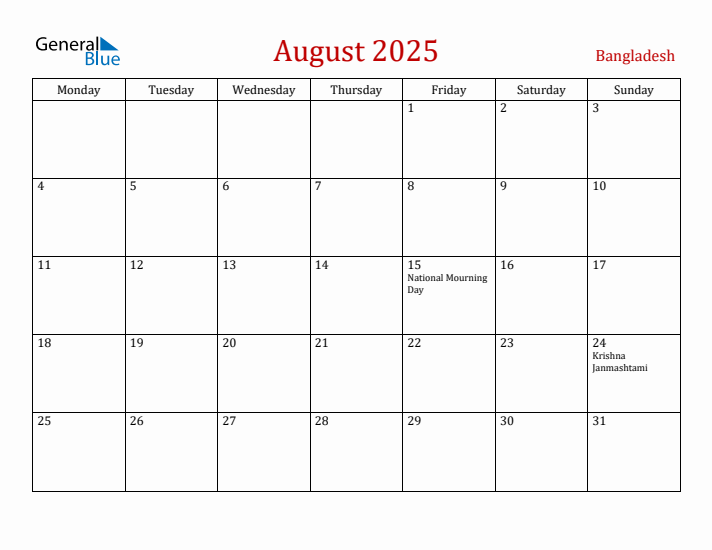 Bangladesh August 2025 Calendar - Monday Start