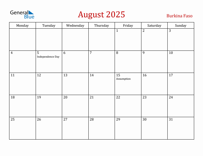Burkina Faso August 2025 Calendar - Monday Start
