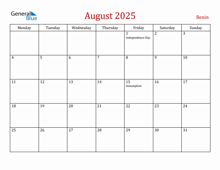 Benin August 2025 Calendar - Monday Start