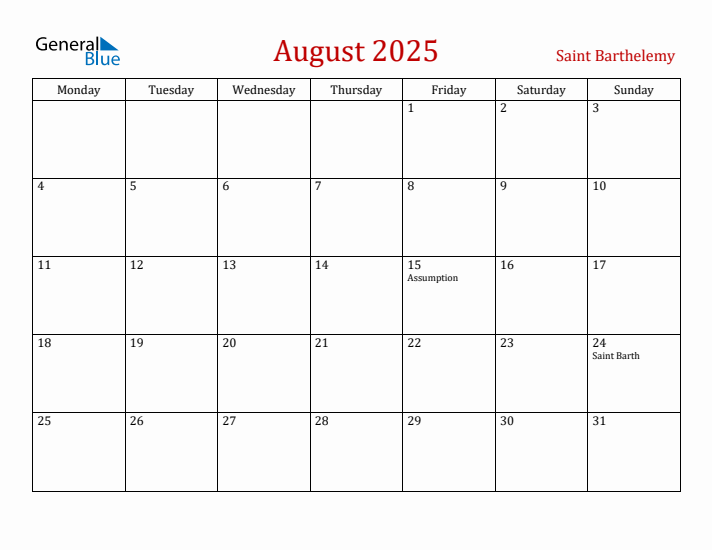 Saint Barthelemy August 2025 Calendar - Monday Start