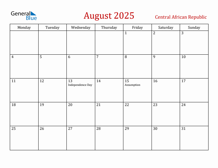 Central African Republic August 2025 Calendar - Monday Start
