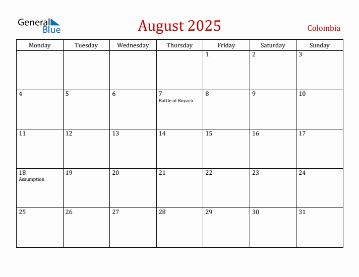 Colombia August 2025 Calendar - Monday Start