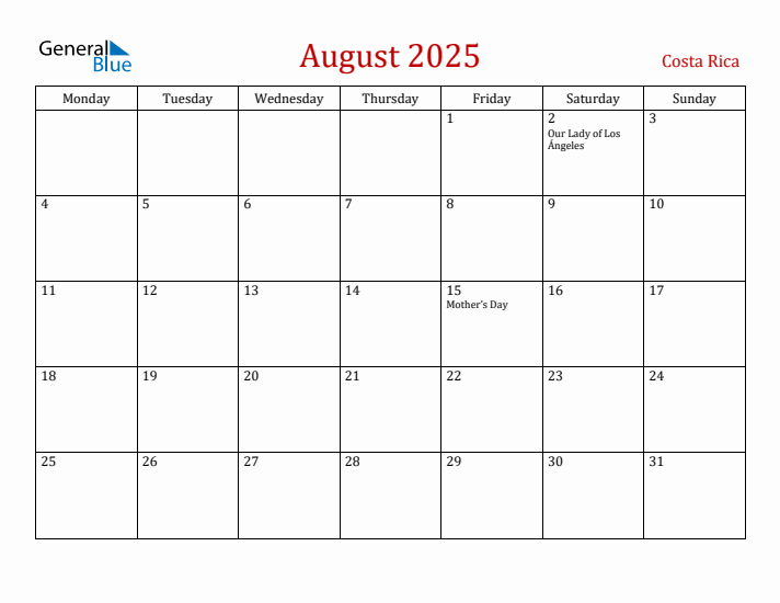 Costa Rica August 2025 Calendar - Monday Start