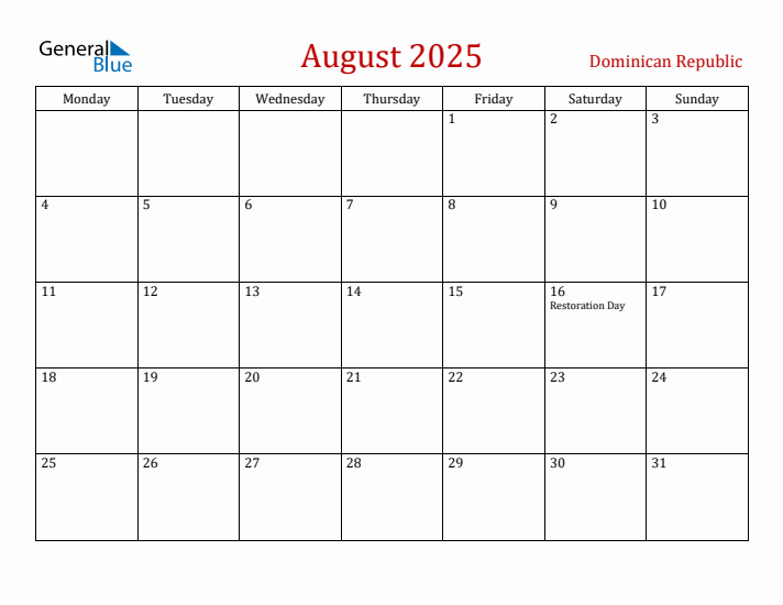 Dominican Republic August 2025 Calendar - Monday Start