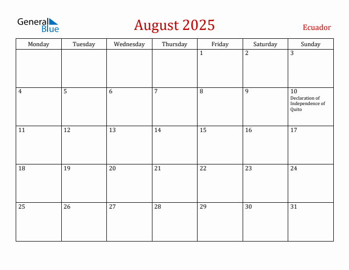 Ecuador August 2025 Calendar - Monday Start
