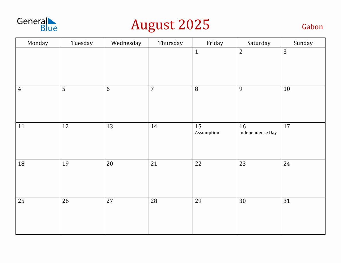 August 2025 Gabon Monthly Calendar with Holidays