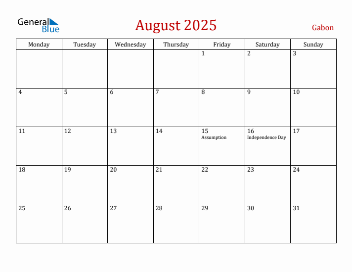 Gabon August 2025 Calendar - Monday Start