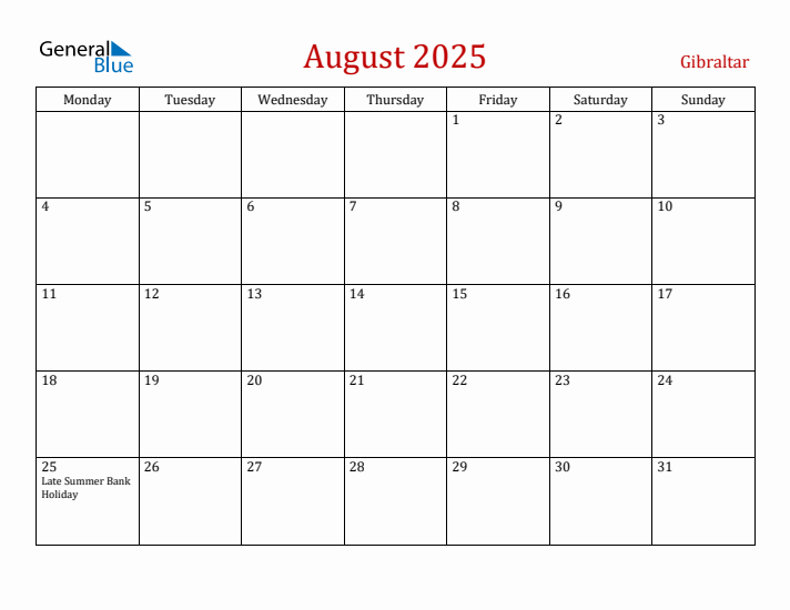 Gibraltar August 2025 Calendar - Monday Start
